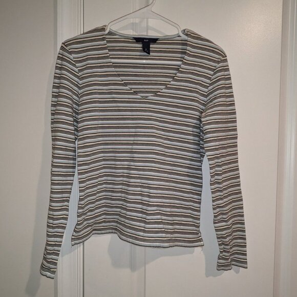 *3 FOR $9* GAP Stretch Long Sleeve V-Neck Plunge Striped top Shirt Tee Blouse M - Picture 1 of 2